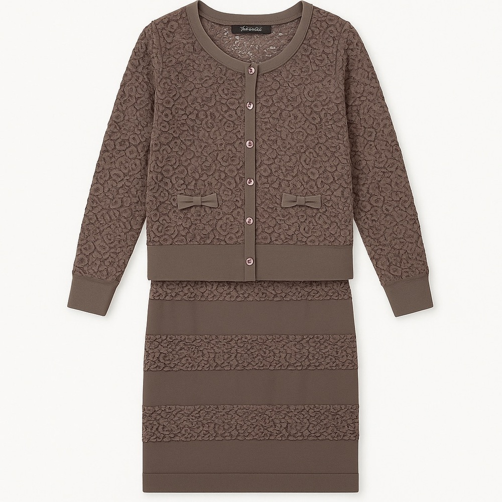 🩶 Made in Italy Taupe Lace Twinset (Cardigan + Skirt Set)